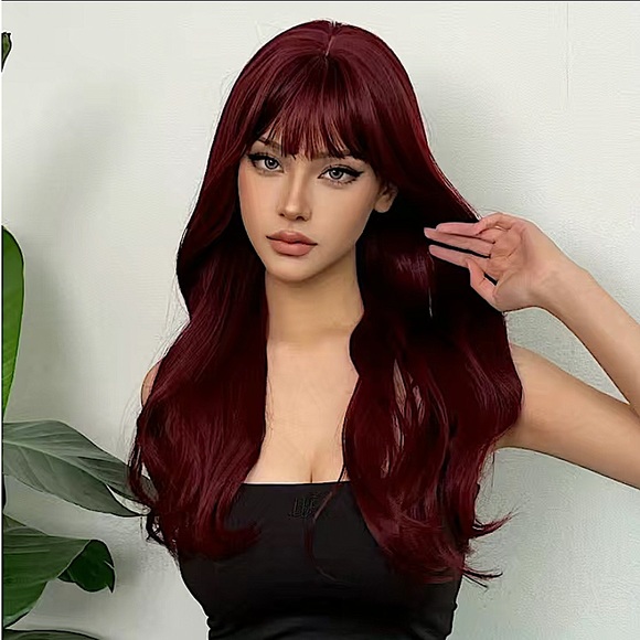 Wine Red Long Layers 24 Inch Wig With Bangs - Picture 2 of 5